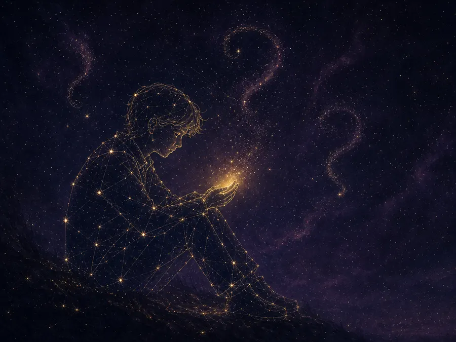 Ilustração de uma pessoa em constelação olhando uma luz nas mãos